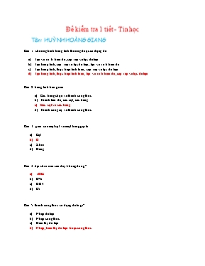Đề kiểm tra trắc nghiệm một tiết Tin học 7 (Có đáp án) - Huỳnh Hoàng Giang